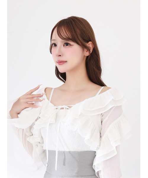Darich(ダーリッチ)の「フリルリボンシアーブラウス(シャツ/ブラウス・レディース・ホワイト/サックスブルー/ピンク/ブラック・FREE)」の8枚目の写真