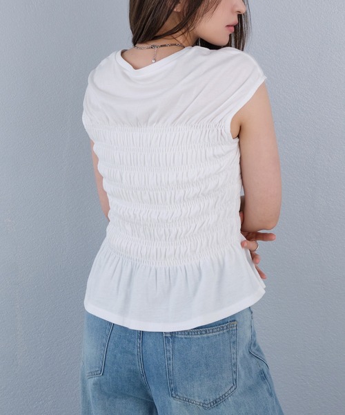 murea(ミュレア)の「シャーリングデザインフレンチスリーブトップス(Tシャツ/カットソー・レディース・ブラウン/ブラック/ホワイト・FREE)」の10枚目の写真