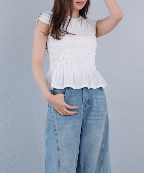murea(ミュレア)の「シャーリングデザインフレンチスリーブトップス(Tシャツ/カットソー・レディース・ブラウン/ブラック/ホワイト・FREE)」の11枚目の写真