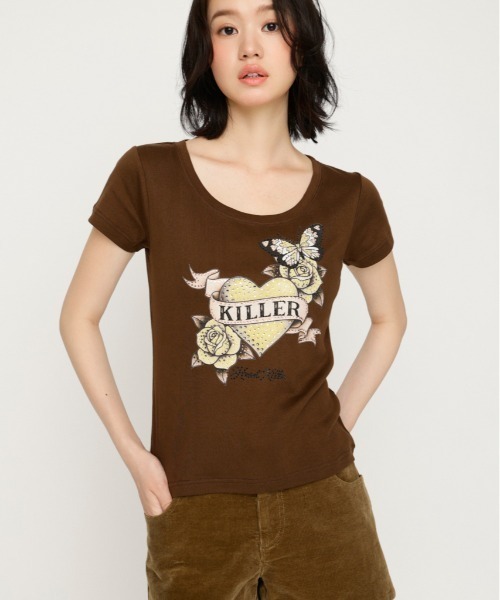 SLY(スライ)の「HEART PRINT CUT TOPS ハートプリントカットトップス 夏服 秋服(Tシャツ/カットソー・レディース・ブラック/ブラウン/スモークピンク・FREE)」の1枚目の写真