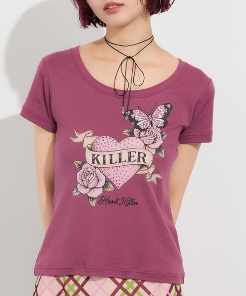 SLY(スライ)の「HEART PRINT CUT TOPS ハートプリントカットトップス 夏服 秋服(Tシャツ/カットソー・レディース・ブラック/ブラウン/スモークピンク・FREE)」の2枚目の写真
