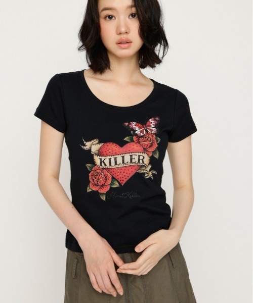 SLY(スライ)の「HEART PRINT CUT TOPS ハートプリントカットトップス 夏服 秋服(Tシャツ/カットソー・レディース・ブラック/ブラウン/スモークピンク・FREE)」の3枚目の写真