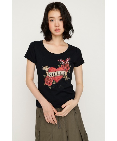 SLY(スライ)の「HEART PRINT CUT TOPS ハートプリントカットトップス 夏服 秋服(Tシャツ/カットソー・レディース・ブラック/ブラウン/スモークピンク・FREE)」の20枚目の写真