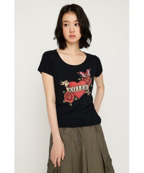 SLY(スライ)の「HEART PRINT CUT TOPS ハートプリントカットトップス 夏服 秋服(Tシャツ/カットソー・レディース・ブラック/ブラウン/スモークピンク・FREE)」の5枚目の写真