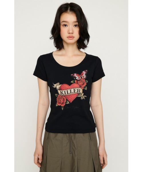 SLY(スライ)の「HEART PRINT CUT TOPS ハートプリントカットトップス 夏服 秋服(Tシャツ/カットソー・レディース・ブラック/ブラウン/スモークピンク・FREE)」の6枚目の写真