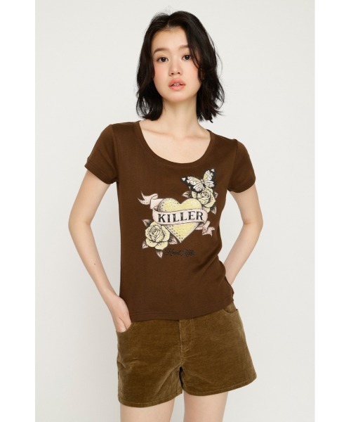 SLY(スライ)の「HEART PRINT CUT TOPS ハートプリントカットトップス 夏服 秋服(Tシャツ/カットソー・レディース・ブラック/ブラウン/スモークピンク・FREE)」の8枚目の写真