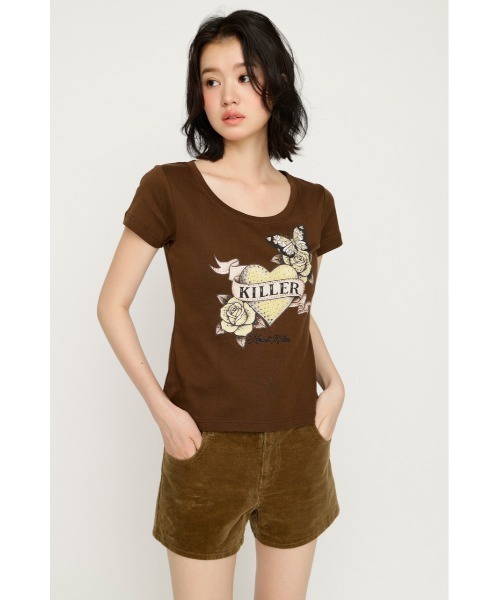 SLY(スライ)の「HEART PRINT CUT TOPS ハートプリントカットトップス 夏服 秋服(Tシャツ/カットソー・レディース・ブラック/ブラウン/スモークピンク・FREE)」の10枚目の写真