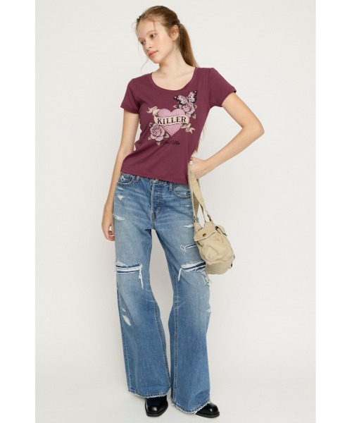 SLY(スライ)の「HEART PRINT CUT TOPS ハートプリントカットトップス 夏服 秋服(Tシャツ/カットソー・レディース・ブラック/ブラウン/スモークピンク・FREE)」の14枚目の写真
