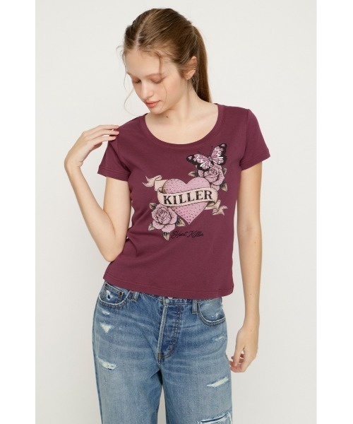 SLY(スライ)の「HEART PRINT CUT TOPS ハートプリントカットトップス 夏服 秋服(Tシャツ/カットソー・レディース・ブラック/ブラウン/スモークピンク・FREE)」の15枚目の写真