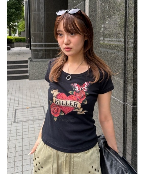 SLY(スライ)の「HEART PRINT CUT TOPS ハートプリントカットトップス 夏服 秋服(Tシャツ/カットソー・レディース・ブラック/ブラウン/スモークピンク・FREE)」の22枚目の写真