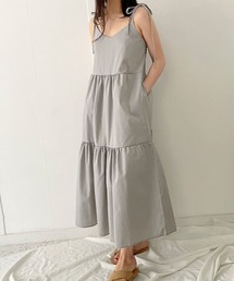 肩リボンが可愛い♪ティアードキャミソールロングワンピース