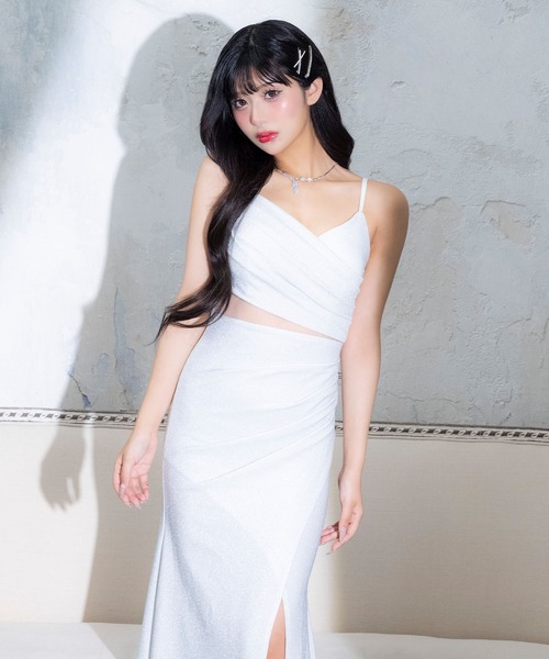 Tika（ティカ）の「キャバドレス ロング タイト ラメ キャミソール スリット ストレッチ ギャザー ウエストカット グリッター キラキラ セクシードレス（ドレス・レディース・シルバー/ブルー・XL/S/M/L）」の10枚目の写真