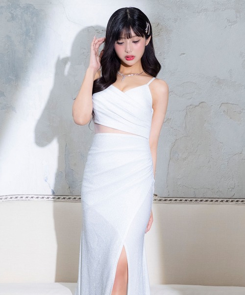 Tika（ティカ）の「キャバドレス ロング タイト ラメ キャミソール スリット ストレッチ ギャザー ウエストカット グリッター キラキラ セクシードレス（ドレス・レディース・シルバー/ブルー・XL/S/M/L）」の11枚目の写真