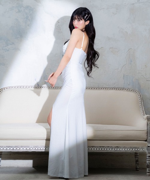 Tika（ティカ）の「キャバドレス ロング タイト ラメ キャミソール スリット ストレッチ ギャザー ウエストカット グリッター キラキラ セクシードレス（ドレス・レディース・シルバー/ブルー・XL/S/M/L）」の14枚目の写真