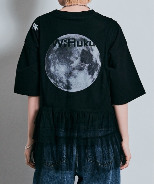 W:Huku（フーク）の「コスモ バックプリント ショート丈 Tシャツ / Cosmo Back-Printed Short-Sleeve T-Shirt（Tシャツ/カットソー・レディース・オフホワイト/ブラック・FREE）」の3枚目の写真