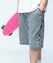 THRASHER (スラッシャー) デニム ショートパンツ ウォッシュ加工 ロゴ刺繍 綿100% ハーフパンツ 短パン メンズ ジーンズ