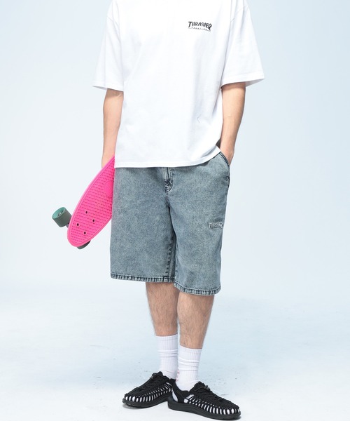 THRASHER(スラッシャー)の「THRASHER (スラッシャー) デニム ショートパンツ ウォッシュ加工 ロゴ刺繍 綿100% ハーフパンツ 短パン メンズ ジーンズ(デニムパンツ・メンズ・ダークブルー/サックスブルー・LL/L/M)」の3枚目の写真