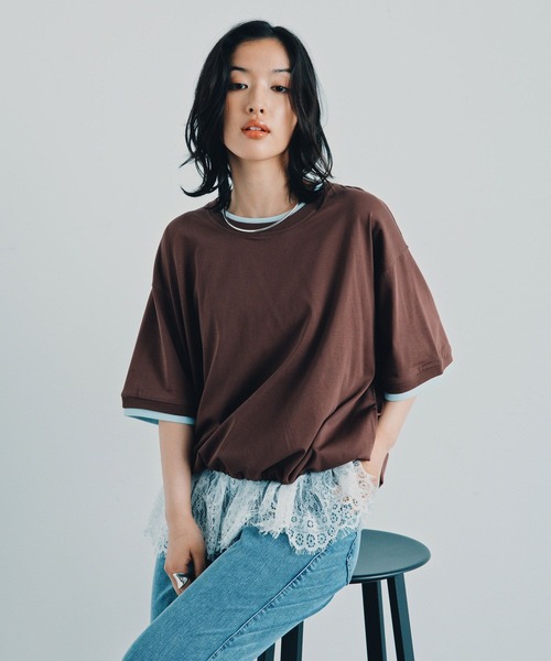 LEPSIM(レプシィム)の「《レプクル》配色プルオーバーSS 1046937(Tシャツ/カットソー・レディース・ブラック/ブラウン/ピンク/グレイッシュベージュ・FREE)」の2枚目の写真