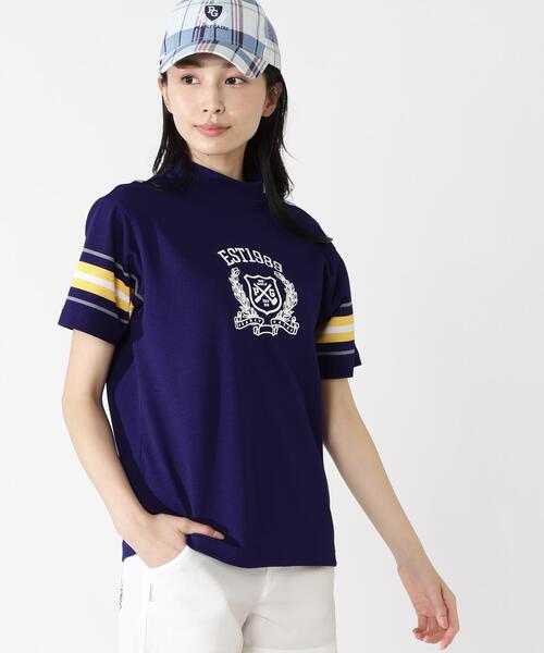 PEARLY GATES（パーリーゲイツ）の「【PEARLY GATES】先染めストレッチタックボーダー半袖ハイネックカットソー［Relaxシルエット]（Tシャツ/カットソー・レディース・ホワイト系その他/ダークブルー/ピンク系その他・MEDIUM/SMALL）」の2枚目の写真
