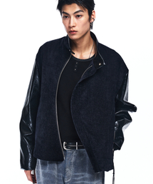 RSSC（アールエスエスシー）の「LEATHER MIX CURVED JACKET - NAVY（ライダースジャケット）」