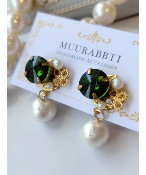 tone(トーン)の「【MUURABBTI】グリーンビジューとコットンパールピアス(MA)(ピアス(両耳用)・レディース・グリーン・FREE)」の3枚目の写真