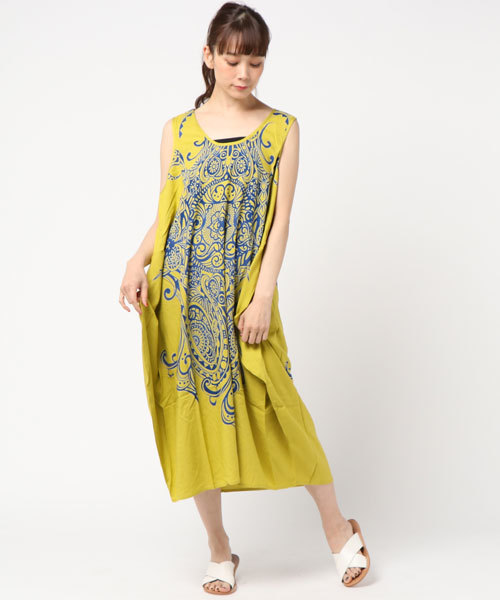 チャイハネ（チャイハネ）の「【チャイハネ】yul トライバルプリント変形ノースリーブワンピース（ワンピース・レディース・ブラック/ホワイト/ブルー/オレンジ/ライム/ターコイズブルー/パープル/オフホワイト・FREE）」の5枚目の写真