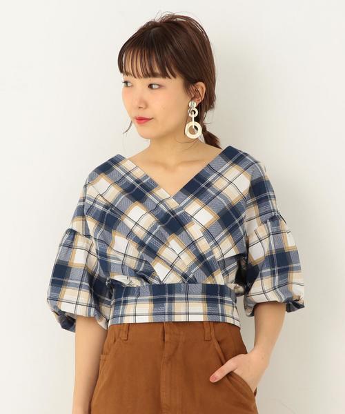 Another Edition（アナザーエディション）の「チェックプリントカシュクール ◆（シャツ/ブラウス・レディース・ワインレッド/ネイビー・FREE）」の2枚目の写真