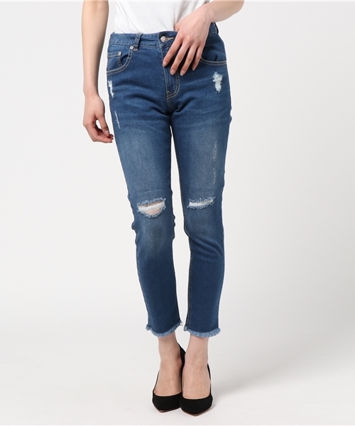 Honeys（ハニーズ）の「カットオフ ダメージスキニーパンツ（デニムパンツ・レディース・ライトインディゴブルー/インディゴブルー/ブルー・S/L/M）」の3枚目の写真