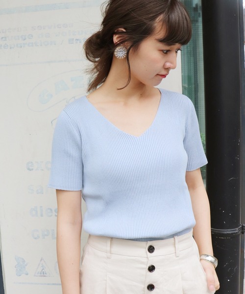 SLOBE IENA（スローブイエナ）の「コットンVネックリブ5分袖ニット◆（ニット/セーター・レディース・ホワイト/ブラック/サックスブルー/ピンク・FREE）」の3枚目の写真