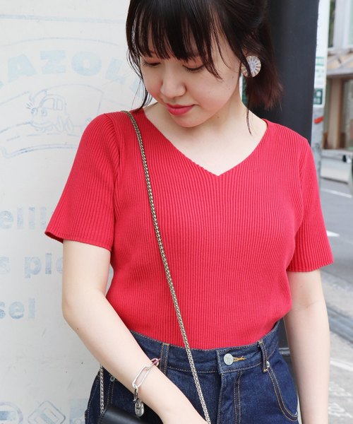 SLOBE IENA（スローブイエナ）の「コットンVネックリブ5分袖ニット◆（ニット/セーター・レディース・ホワイト/ブラック/サックスブルー/ピンク・FREE）」の4枚目の写真