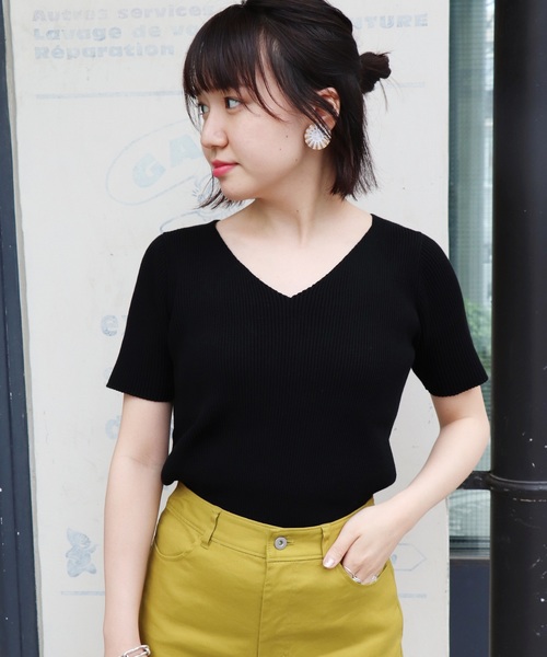 SLOBE IENA（スローブイエナ）の「コットンVネックリブ5分袖ニット◆（ニット/セーター・レディース・ホワイト/ブラック/サックスブルー/ピンク・FREE）」の2枚目の写真