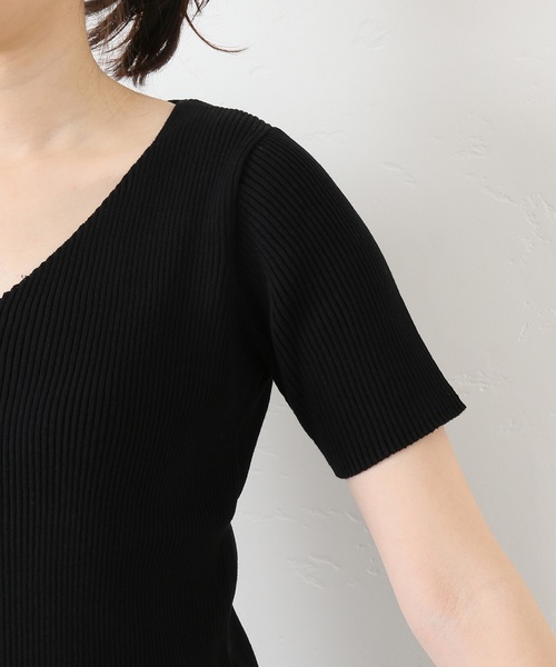 SLOBE IENA（スローブイエナ）の「コットンVネックリブ5分袖ニット◆（ニット/セーター・レディース・ホワイト/ブラック/サックスブルー/ピンク・FREE）」の12枚目の写真