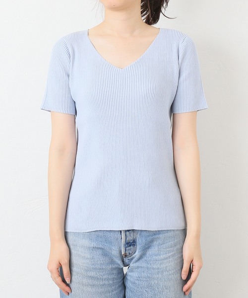 SLOBE IENA（スローブイエナ）の「コットンVネックリブ5分袖ニット◆（ニット/セーター・レディース・ホワイト/ブラック/サックスブルー/ピンク・FREE）」の10枚目の写真