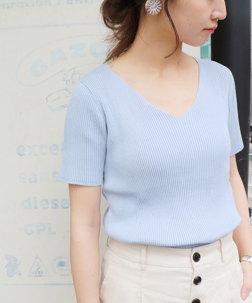 SLOBE IENA（スローブイエナ）の「コットンVネックリブ5分袖ニット◆（ニット/セーター・レディース・ホワイト/ブラック/サックスブルー/ピンク・FREE）」の7枚目の写真