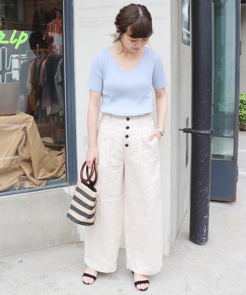 SLOBE IENA（スローブイエナ）の「コットンVネックリブ5分袖ニット◆（ニット/セーター・レディース・ホワイト/ブラック/サックスブルー/ピンク・FREE）」の22枚目の写真