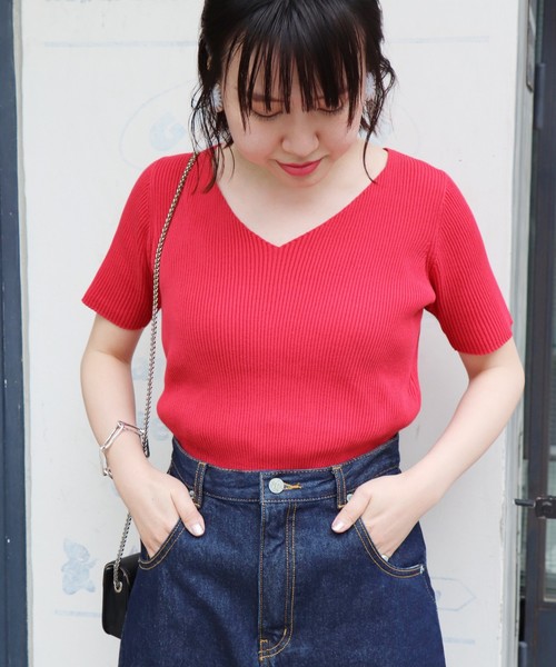 SLOBE IENA（スローブイエナ）の「コットンVネックリブ5分袖ニット◆（ニット/セーター・レディース・ホワイト/ブラック/サックスブルー/ピンク・FREE）」の18枚目の写真