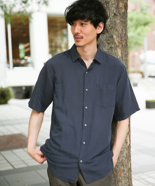 GLOBAL WORK（グローバルワーク）の「リネンレギュラーシャツ半袖/789408（シャツ/ブラウス・メンズ・ホワイト/ネイビー/オレンジ/ライトグリーン/ライトパープル・SMALL/MEDIUM/LARGE/X-LARGE）」の4枚目の写真