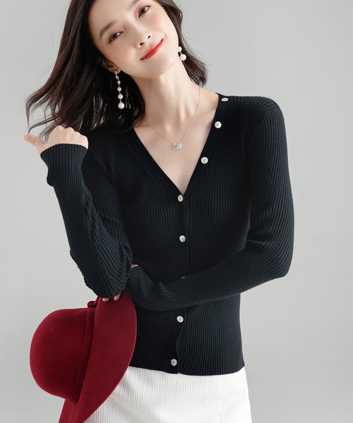 SAISON DE PAPILLON（セゾンドパピヨン）の「リブニットカーディガン（カーディガン/ボレロ・レディース・ブルーグレー/キャメル/ブラウン/ブラック/アイボリー・S/M/L）」の3枚目の写真