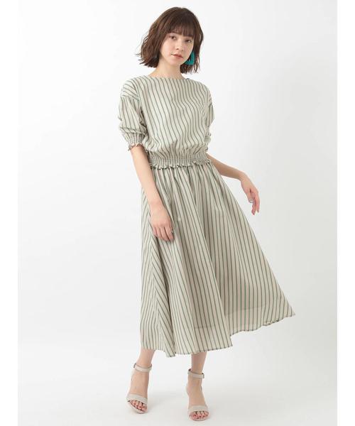 YECCA VECCA(イェッカヴェッカ)の「ストライプ柄ギャザ-スカ-ト(スカート・レディース・ブラック/グリーン・FREE)」の5枚目の写真