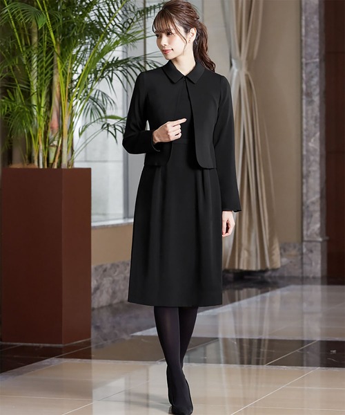 MYTIQUE ブラックフォーマル スーツ　セットアップ ワンピース セール】【喪服・礼服】ステンカラージャケット・ミディアム丈A