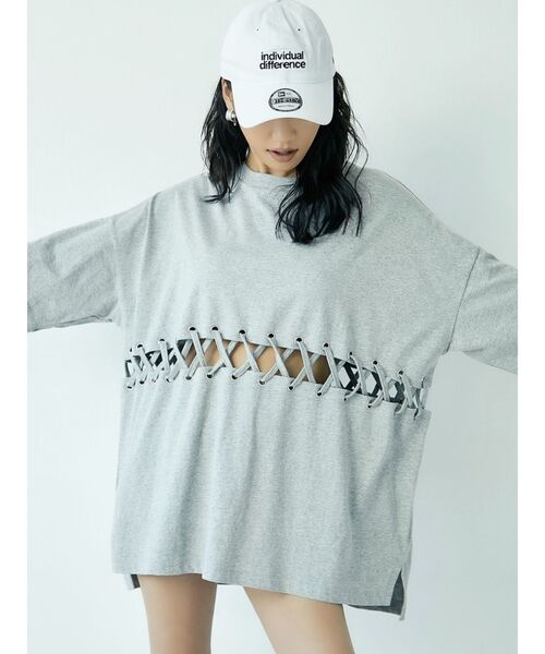 GYDA（ジェイダ）の「ウエストレースアップBIG Tシャツ（Tシャツ/カットソー・レディース・オフホワイト/グレー/ブラック・FREE）」の3枚目の写真