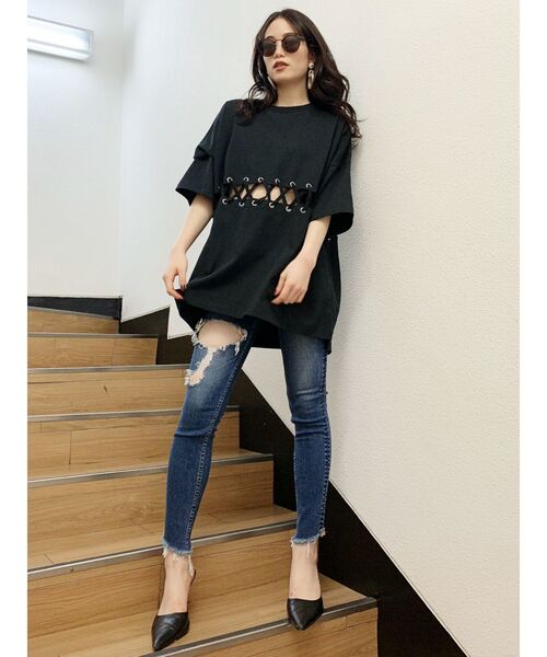 GYDA（ジェイダ）の「ウエストレースアップBIG Tシャツ（Tシャツ/カットソー・レディース・オフホワイト/グレー/ブラック・FREE）」の6枚目の写真