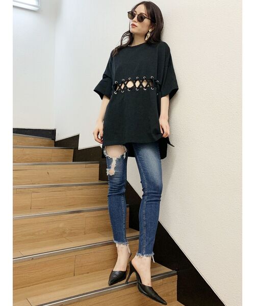GYDA（ジェイダ）の「ウエストレースアップBIG Tシャツ（Tシャツ/カットソー・レディース・オフホワイト/グレー/ブラック・FREE）」の5枚目の写真