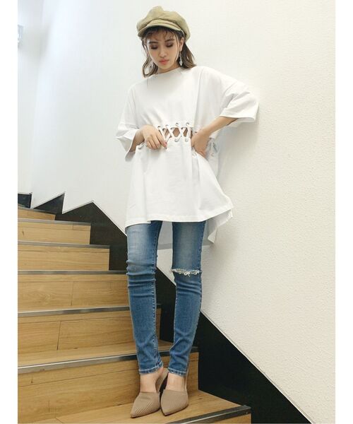 GYDA（ジェイダ）の「ウエストレースアップBIG Tシャツ（Tシャツ/カットソー・レディース・オフホワイト/グレー/ブラック・FREE）」の13枚目の写真