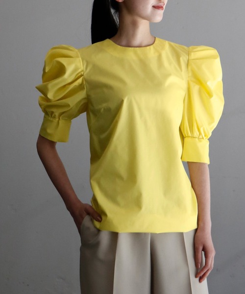 パワーショルダークルーネック半袖シャツブラウス