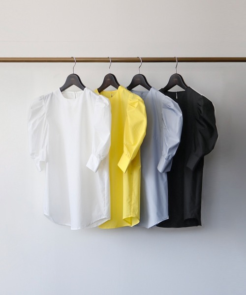 パワーショルダークルーネック半袖シャツブラウス