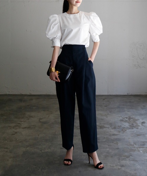 パワーショルダークルーネック半袖シャツブラウス