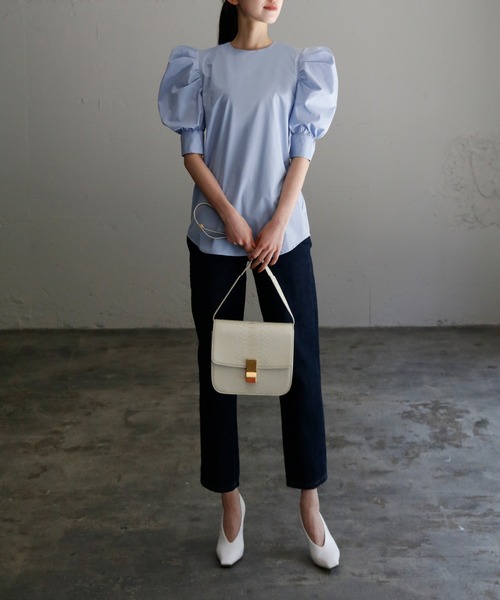 パワーショルダークルーネック半袖シャツブラウス