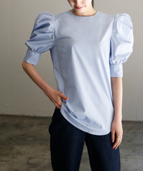 パワーショルダークルーネック半袖シャツブラウス