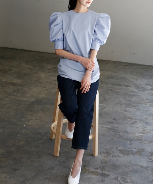 パワーショルダークルーネック半袖シャツブラウス